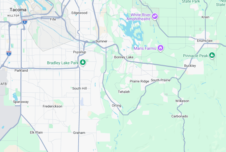 253 Electric Service Area Map | Graham & Pierce County Electrician Map showing the 253 Electric service area including Graham, Tacoma, Puyallup, Bonney Lake, Spanaway, Sumner, Orting, Eatonville, Buckley, Enumclaw, Frederickson, Lake Tapps, Roy, and South Hill, Washington.