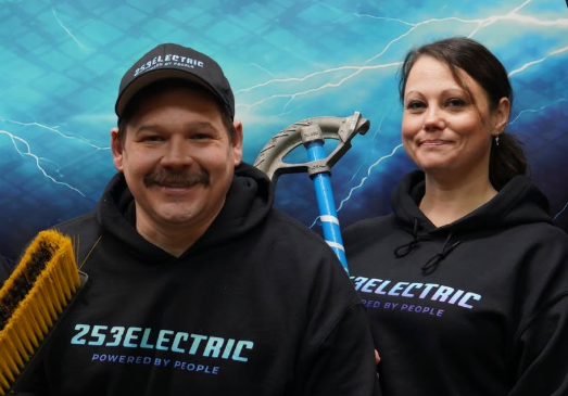 The husband-and-wife owners of 253 Electric, a family-owned electrical contractor serving Puyallup, Tacoma, Bonney Lake, Sumner, and surrounding Pierce County communities.