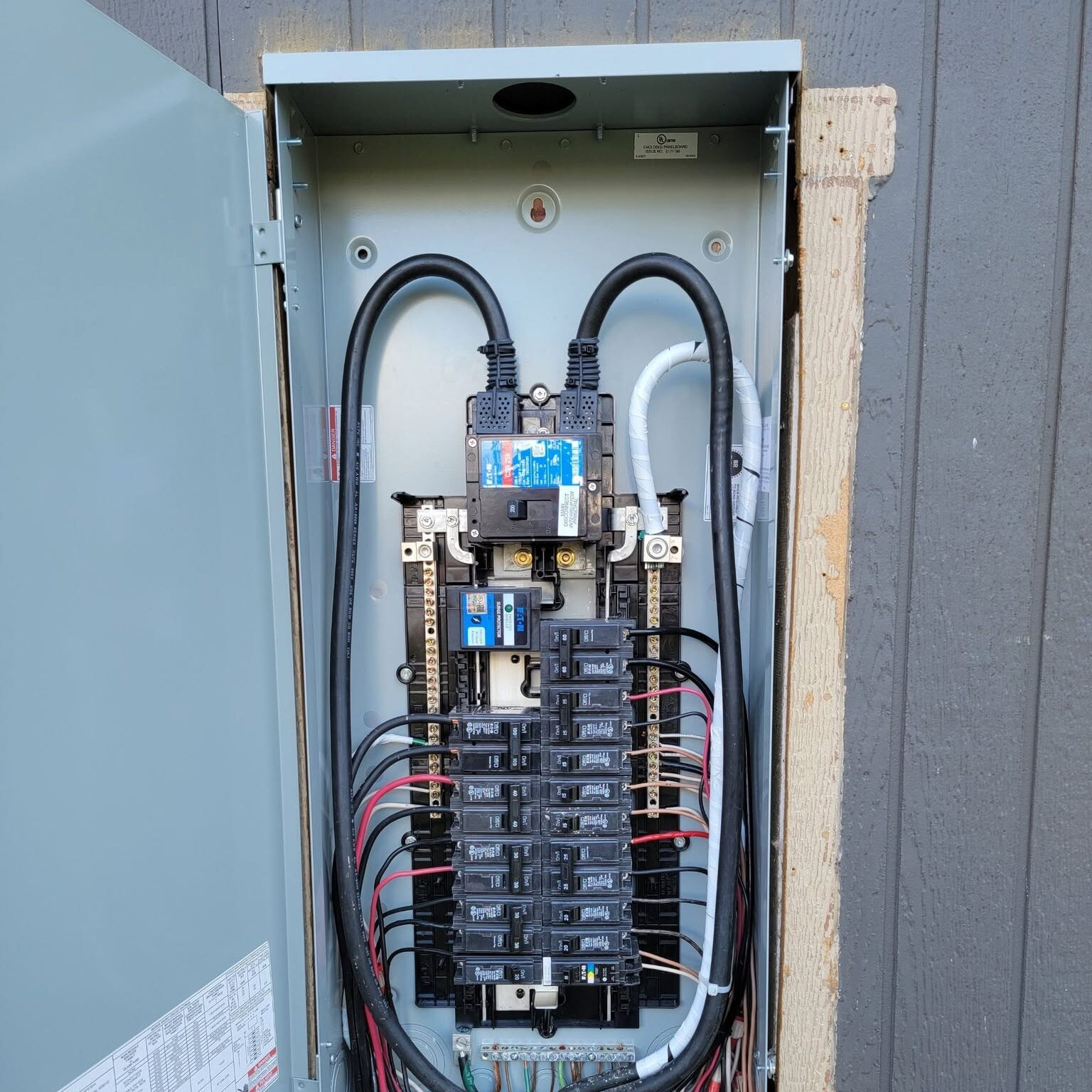 Modern 200-amp residential electrical panel installed by a licensed electrician during a panel upgrade.