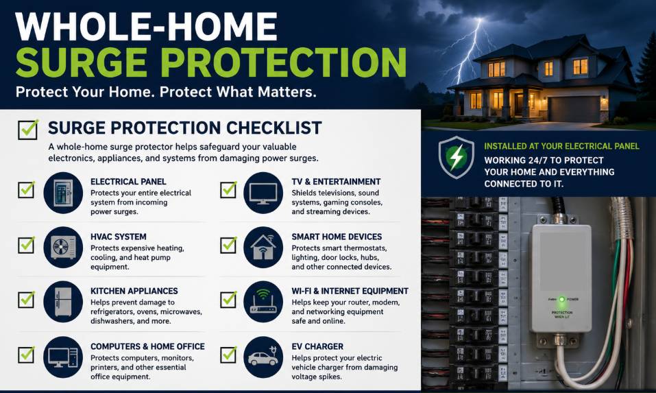 Whole-home surge protection system installed by 253 Electric to protect a Pierce County home from damaging electrical power surges.